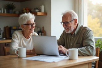 Couple senior souriant discutant finances à la table