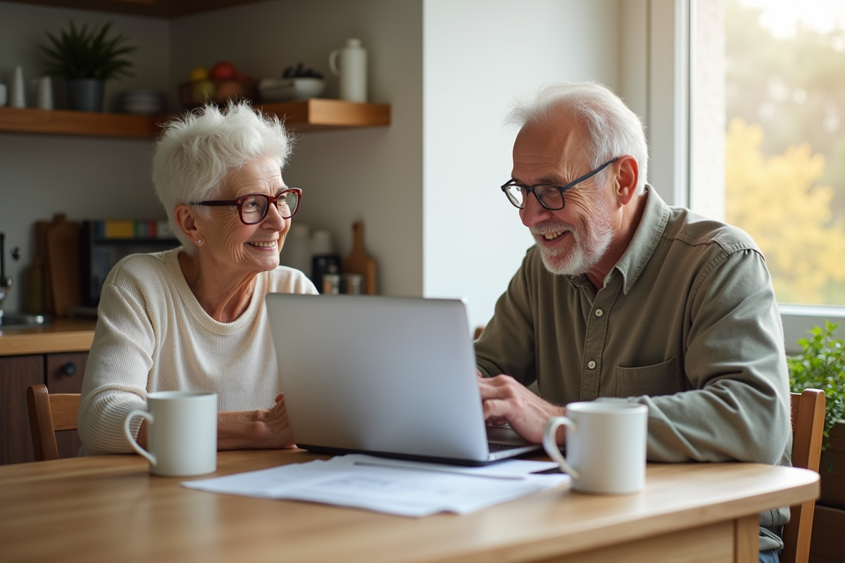 Couple senior souriant discutant finances à la table