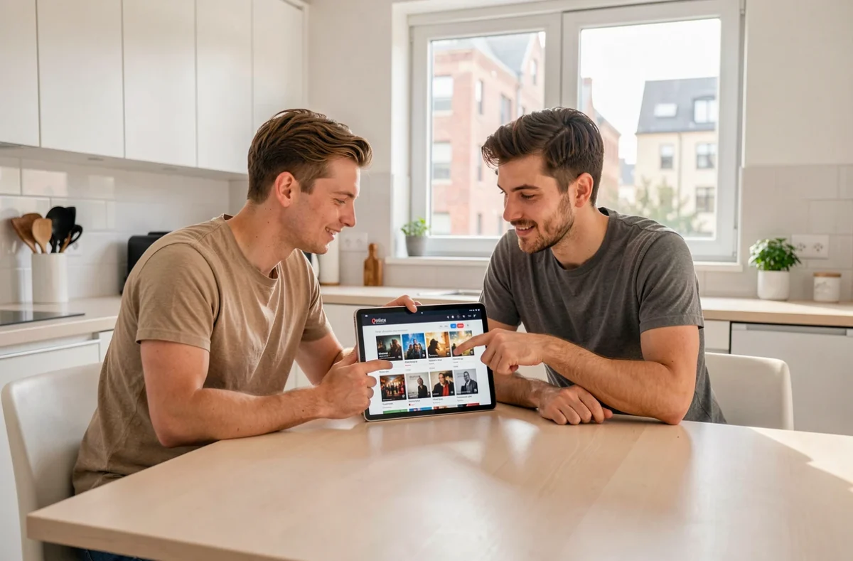 Couple consultant la nouvelle adresse du site 1jour1film sur une tablette dans une cuisine moderne