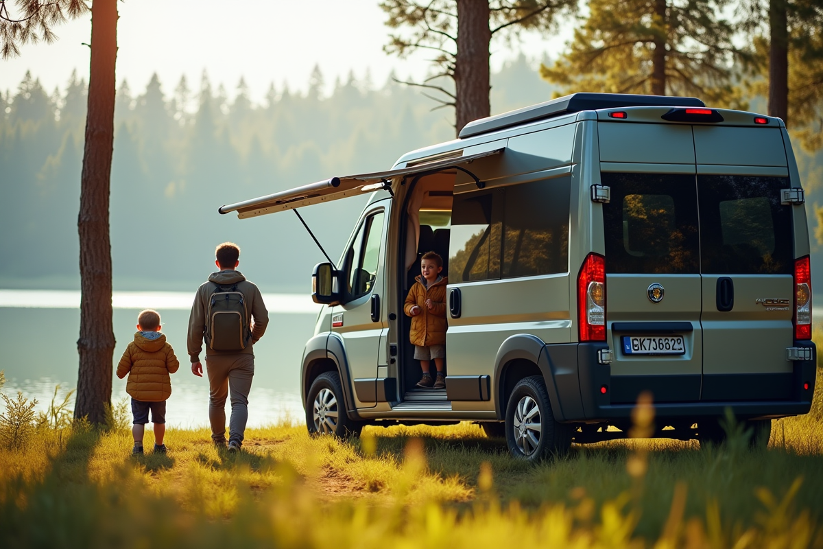 Jeune couple avec enfants près du van au bord du lac