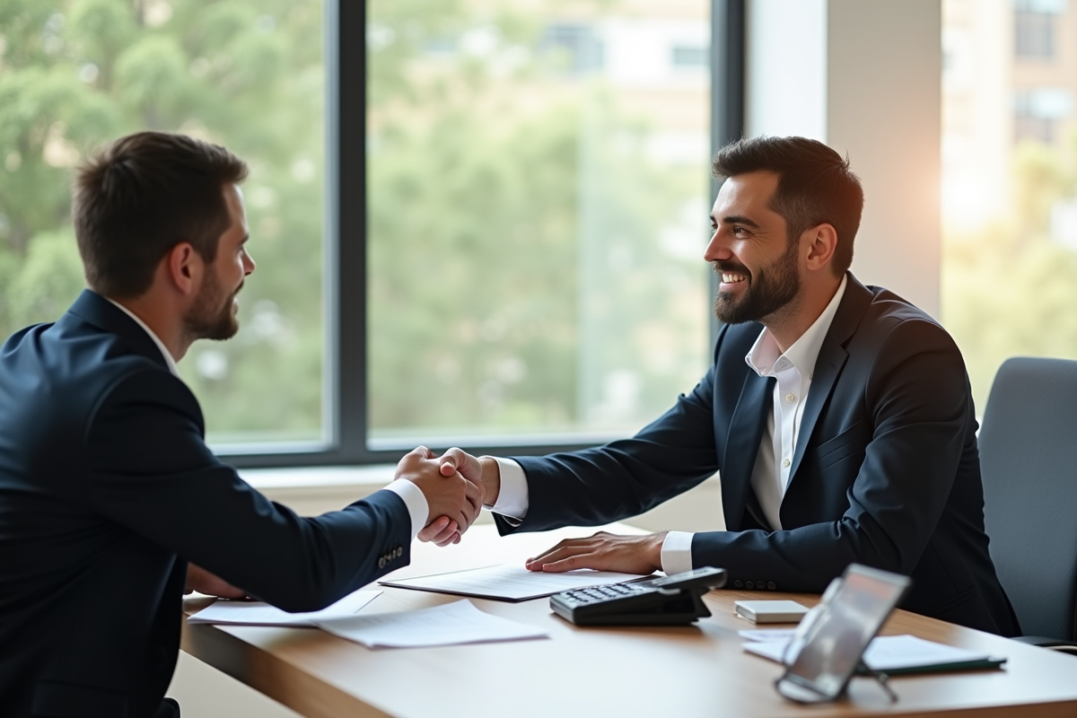Courtier immobilier et client échangeant des documents en bureau
