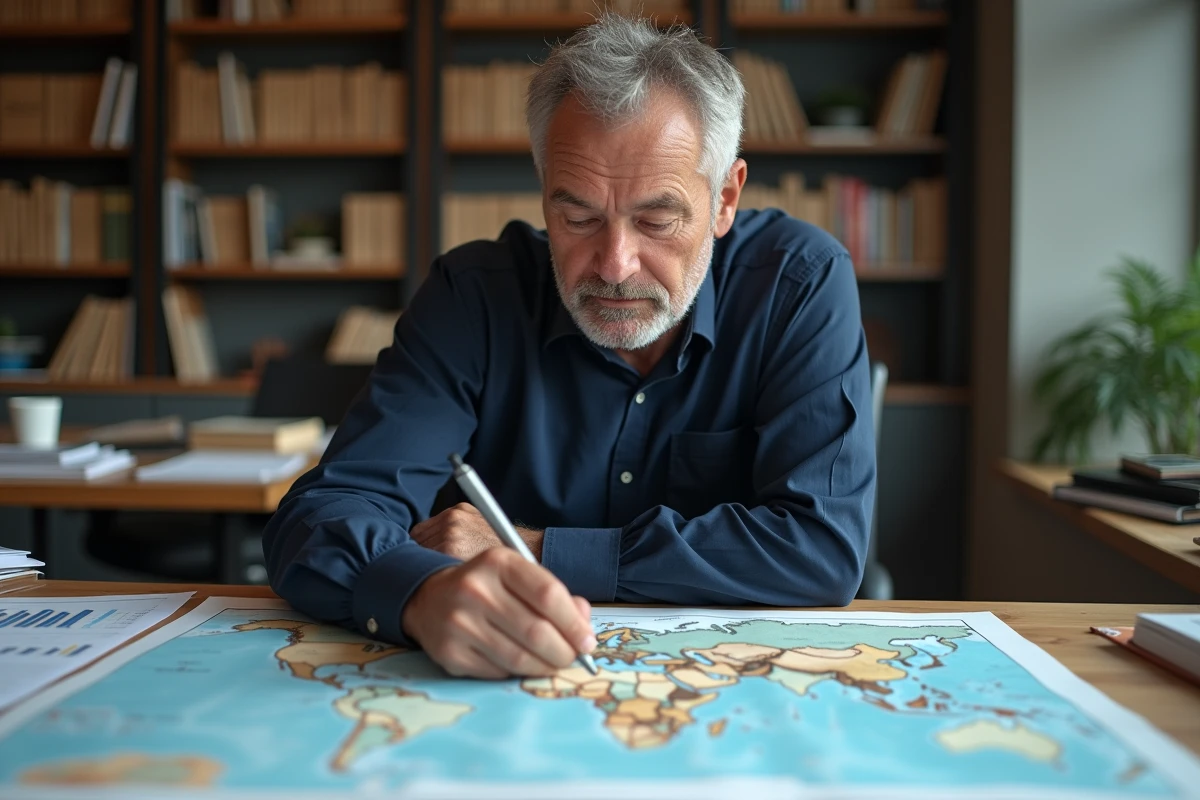 Démographe masculin analysant une carte du monde imprimée avec des données de population sur une table couverte de statistiques et de graphiques