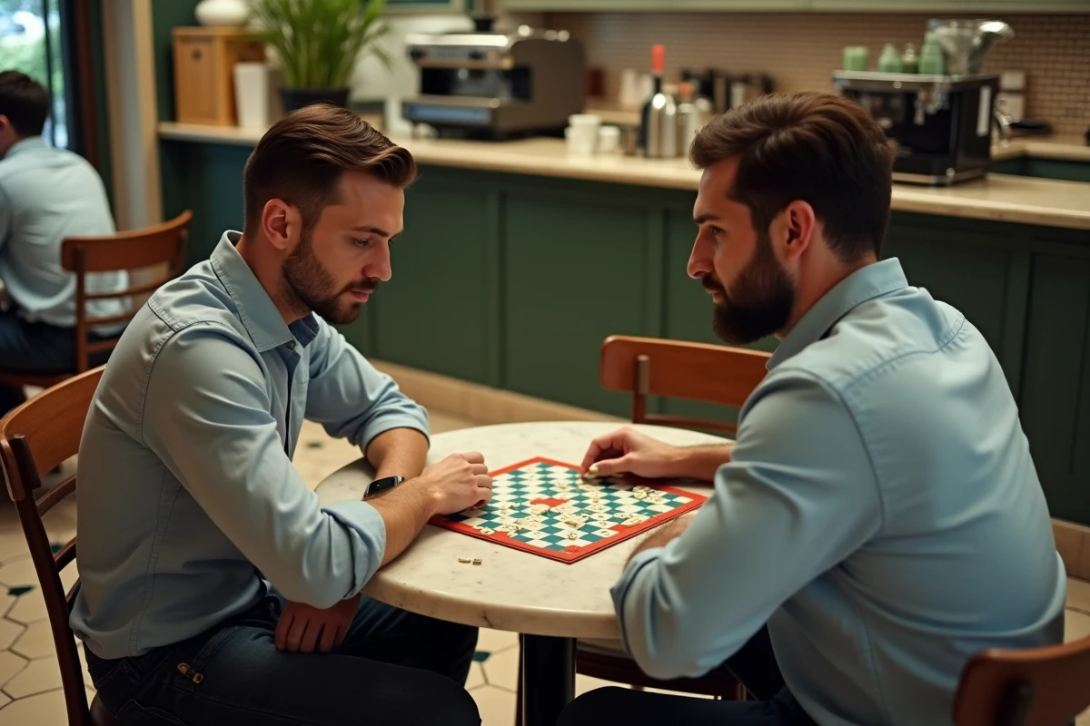Deux hommes jouant une partie de Scrabble dans un café avec des lettres rares W et Z visibles sur le plateau