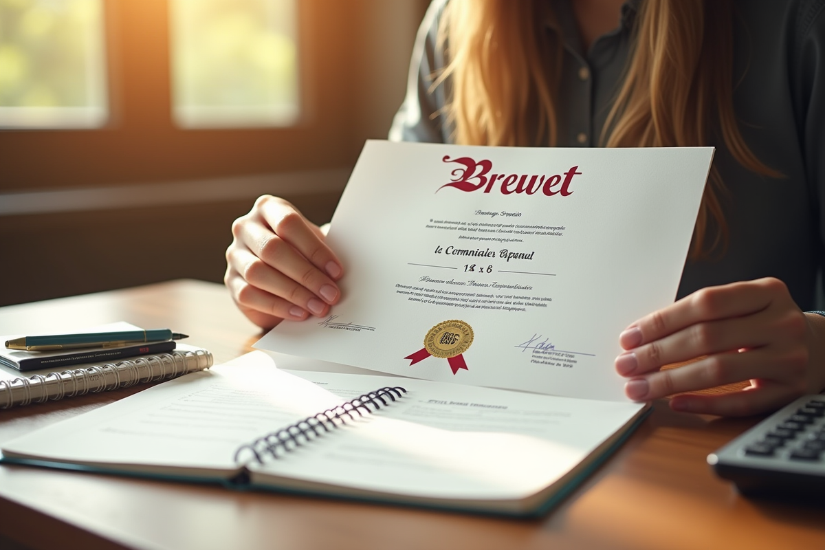 Main tenant un diplôme Brevet avec calculatrice et cahier