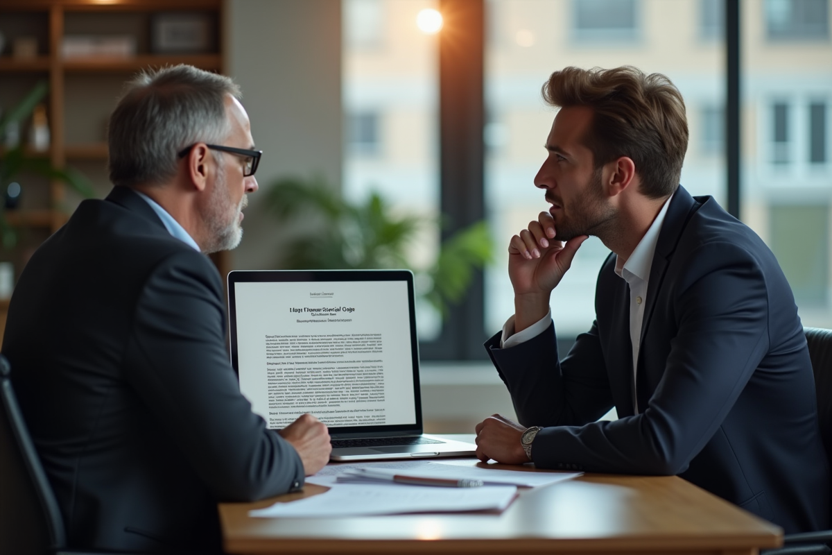 Deux professionnels discutant avec un ordinateur affichant le code civil