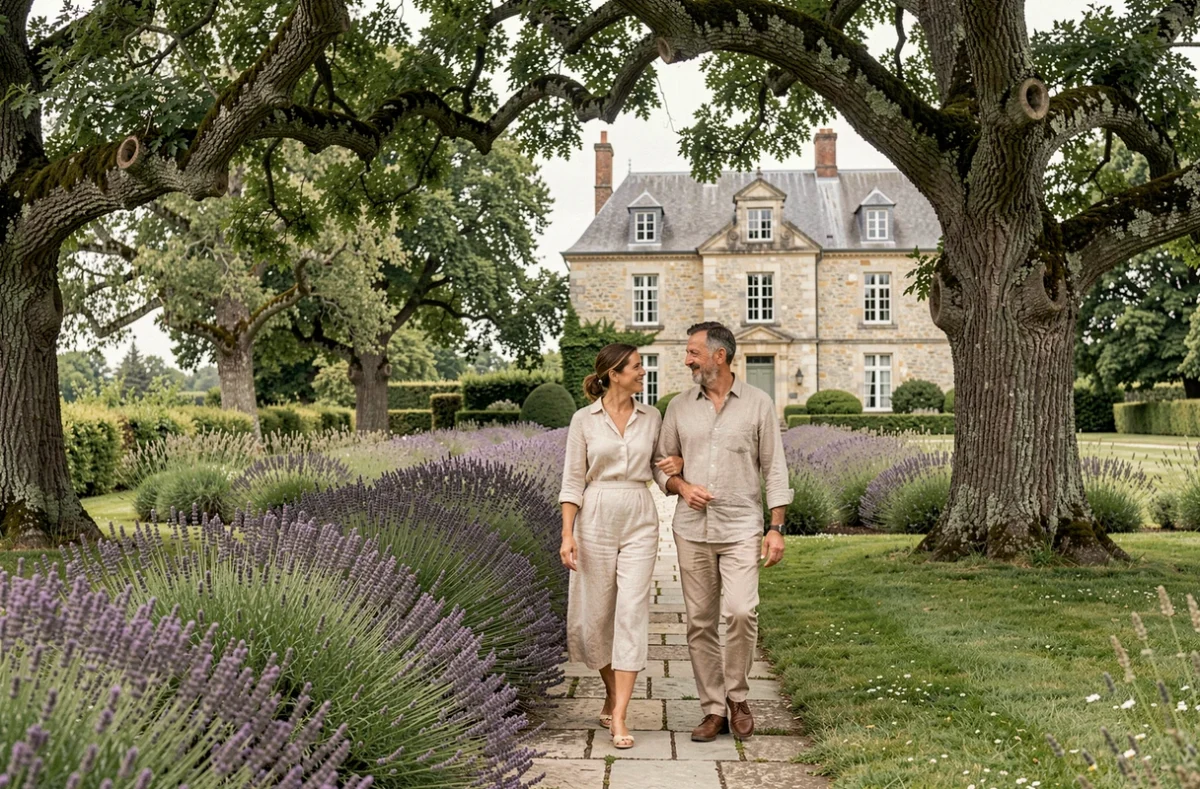 Couple explorant le parc naturel du Domaine Armonia à Saulcet lors d'une aventure immersive