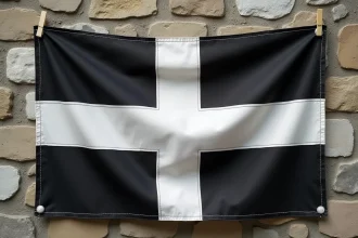 Détail tissé du drapeau breton avec le motif traditionnel d'hermine noir et blanc sur fond de pierre bretonne