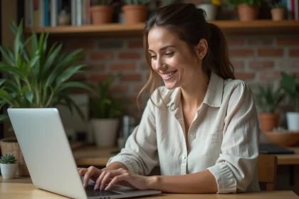Femme échangeant des services en ligne en toute sécurité depuis son domicile sur la plateforme Tovaraf