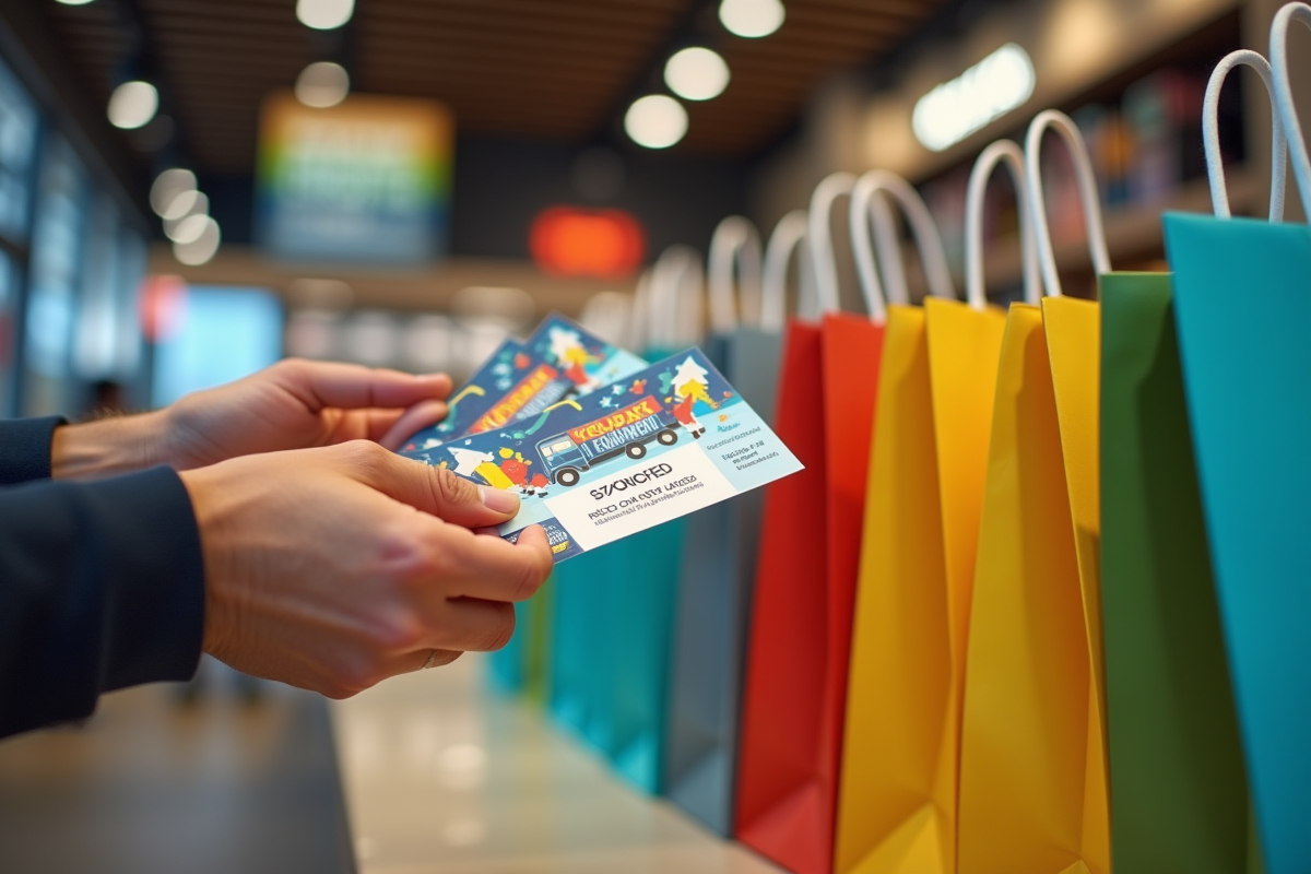 Mains échangeant des bons de vacances et sacs de sport