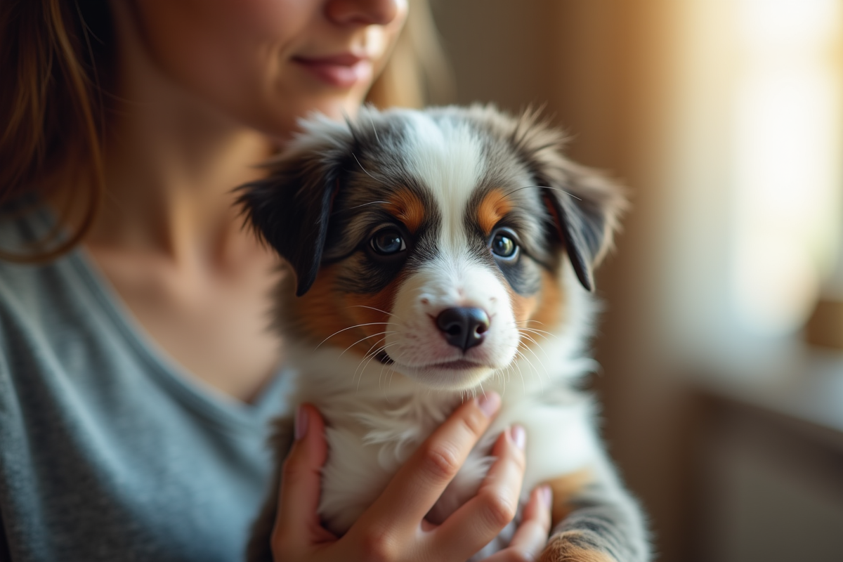 Eleveur tenant un chiot Australian Shepherd en intérieur