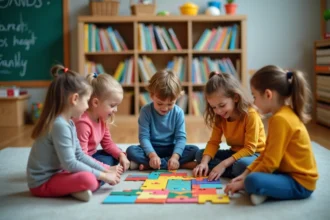 Enfants de 6 a 8 ans construisant un puzzle géométrique en classe