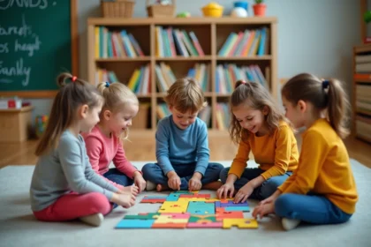 Enfants de 6 a 8 ans construisant un puzzle géométrique en classe