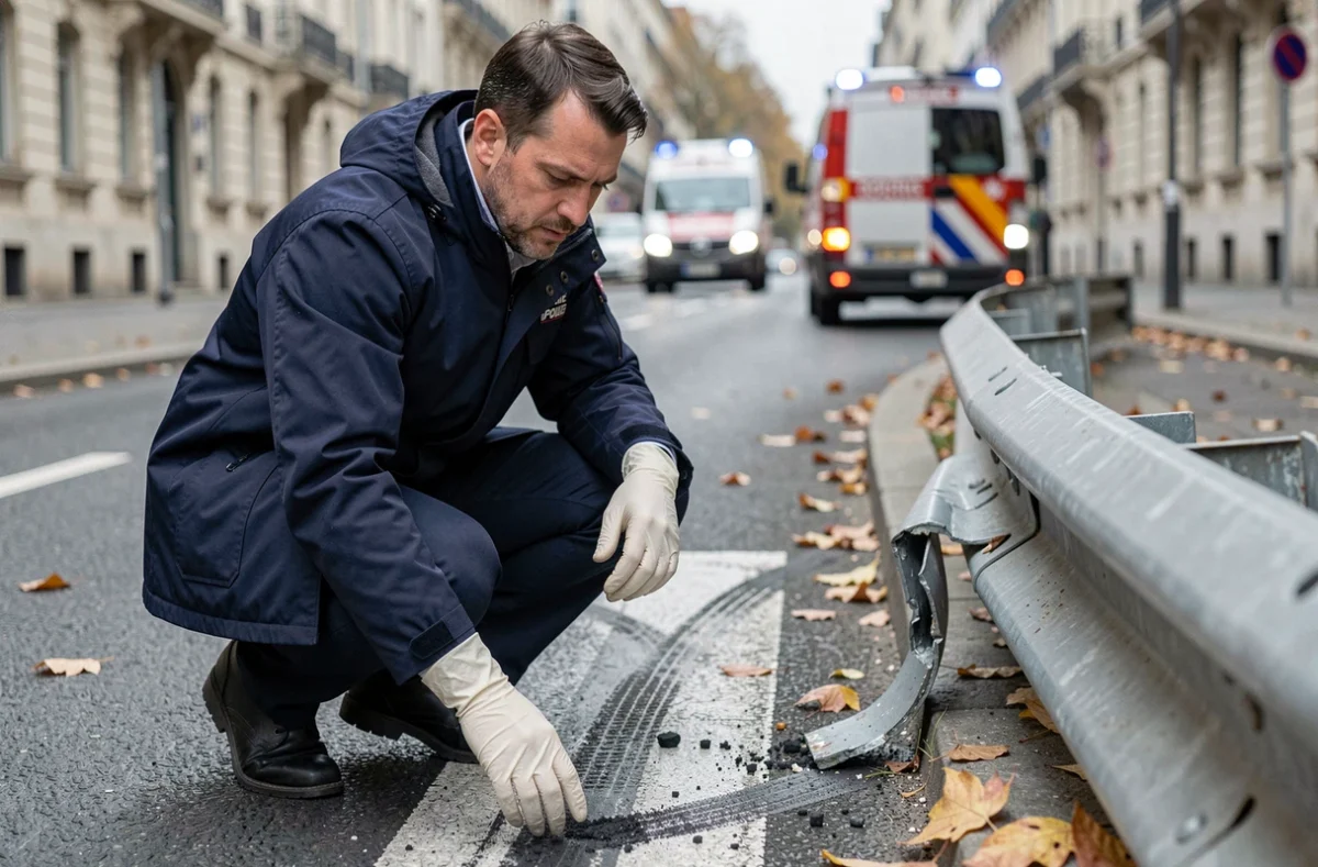 Enquêteur de police en veste marine examinant des traces de freinage et des débris sur la chaussée après un accident grave à Toulouse
