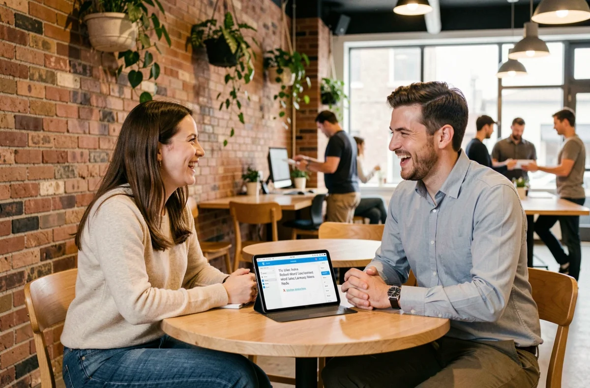 Deux collègues enrichissant leur vocabulaire naturellement lors d'une conversation informelle dans un espace de travail moderne