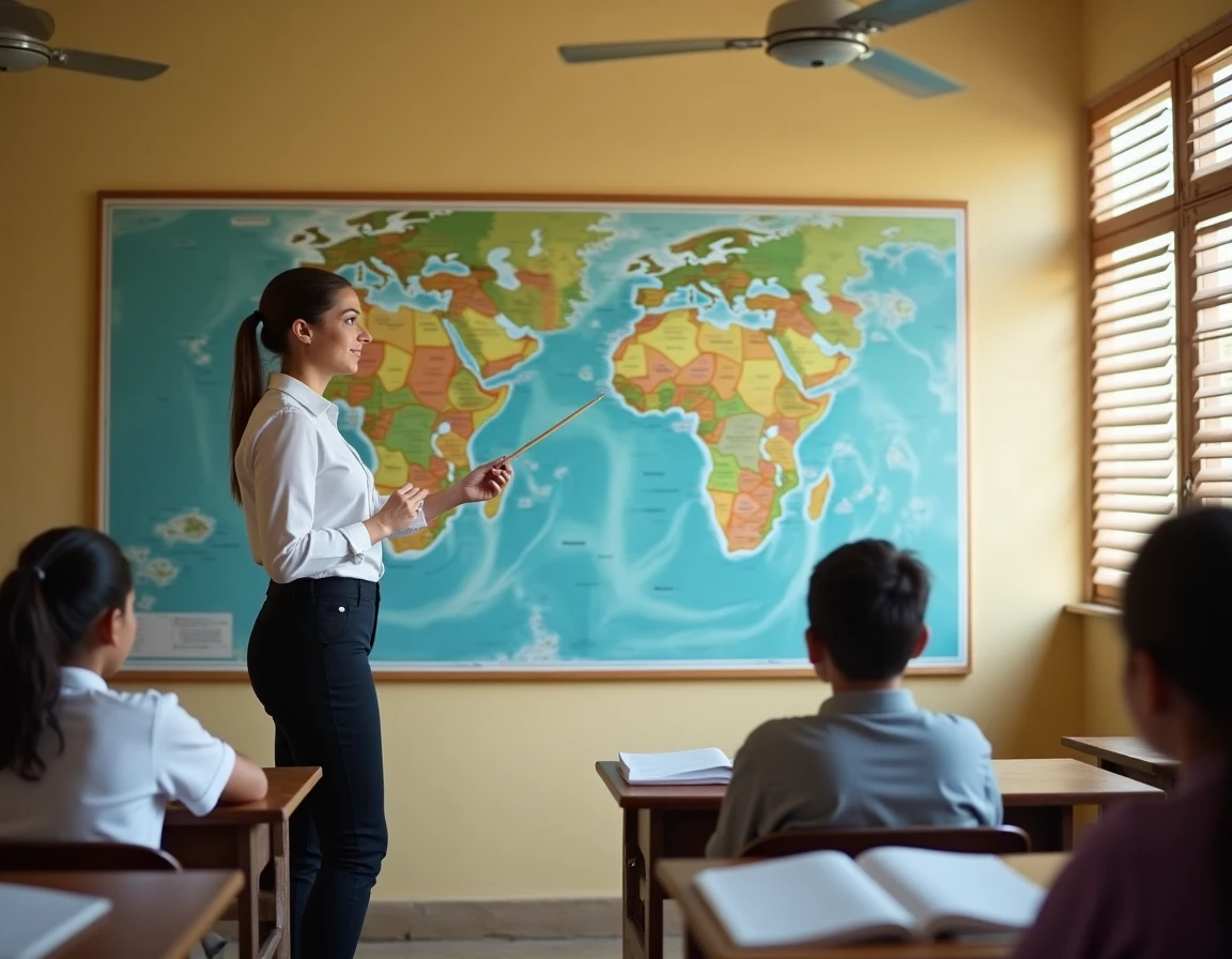 Enseignante indiquant la localisation de Mayotte sur une carte géographique de l'Afrique et de l'océan Indien dans une salle de classe