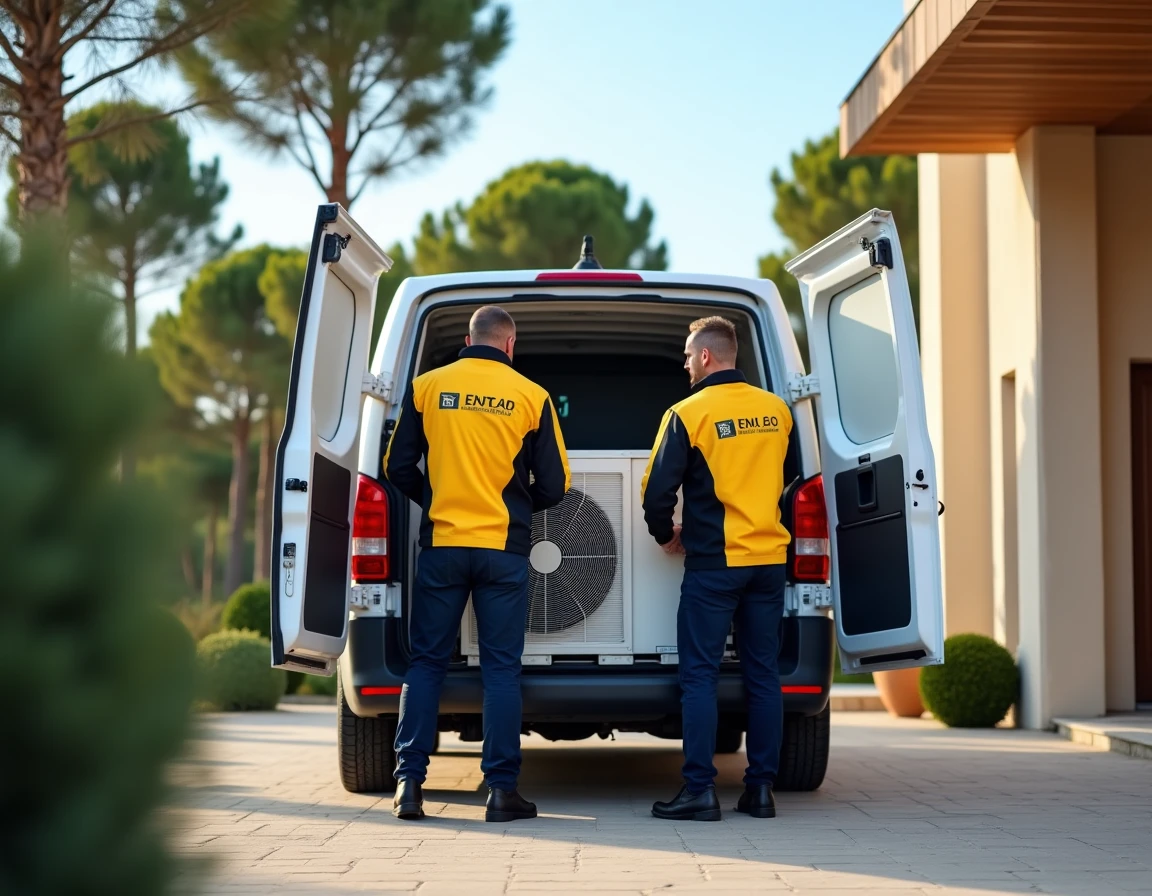 Deux techniciens d'Envergure Climatisation déchargeant une pompe à chaleur air-air devant une villa contemporaine dans le Var