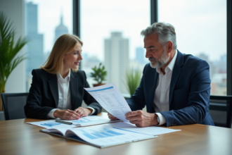 Homme et femme d'affaires discutant de graphiques économiques