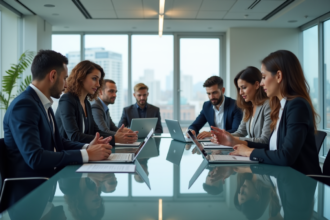 Groupe de professionnels en réunion dans un bureau moderne