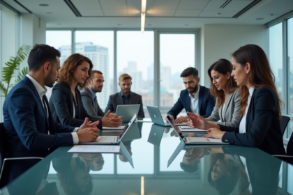 Groupe de professionnels en réunion dans un bureau moderne