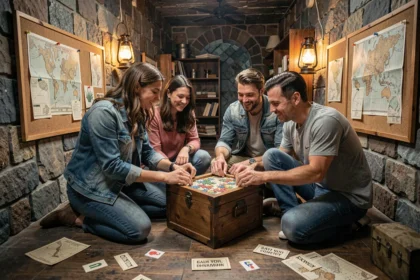 Groupe d'amis résolvant des énigmes dans une salle d'escape game immersive en France