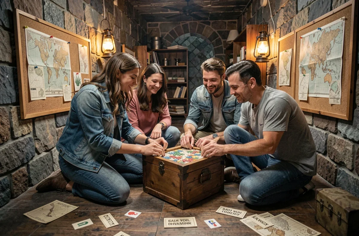 Groupe d'amis résolvant des énigmes dans une salle d'escape game immersive en France