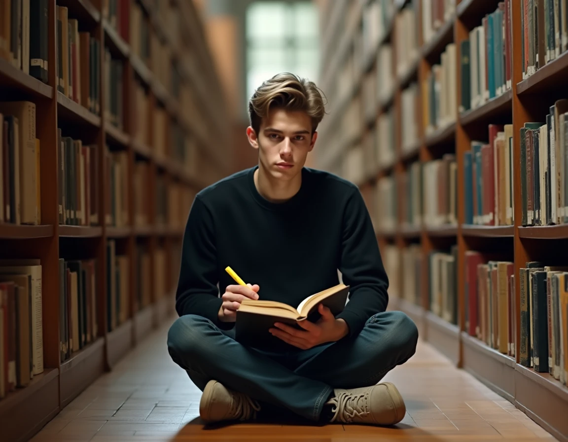 Étudiant assis entre des rayonnages de bibliothèque universitaire française annoter un roman de Stendhal avec un surligneur