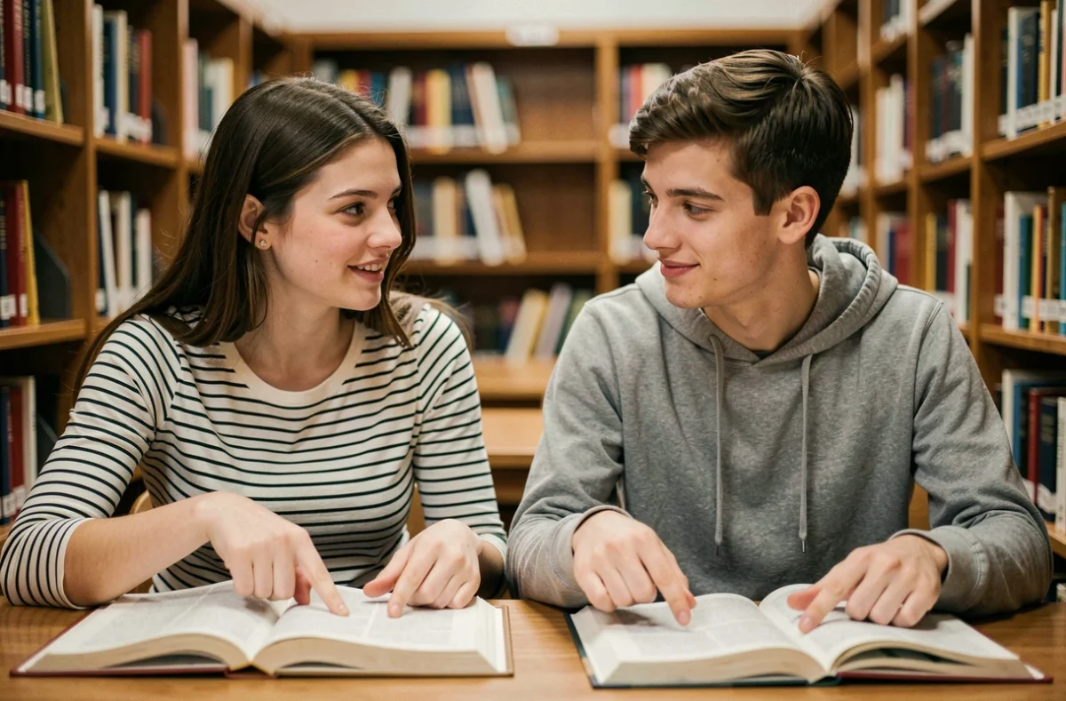 Deux étudiants à la bibliothèque désignant des livres différents pour illustrer l'usage de ceci et ceux-ci en français