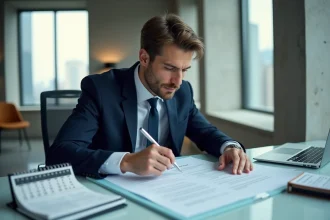 Homme d'affaires en costume bleu examinant un contrat