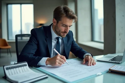 Homme d'affaires en costume bleu examinant un contrat