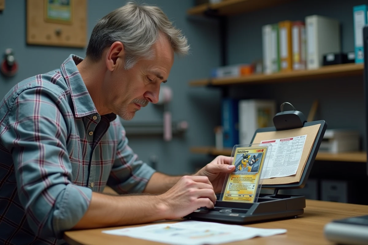 Expert adulte comparant une carte Pokémon gradée en slab avec un guide visuel des raretés