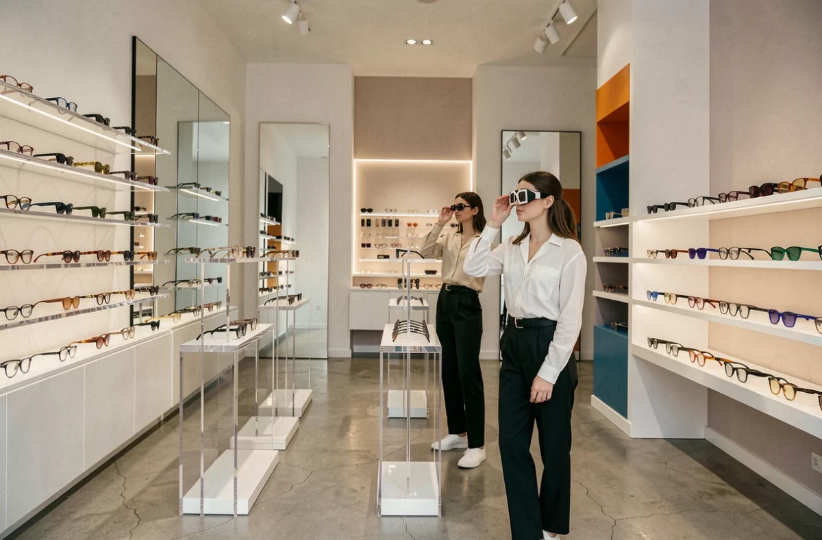 Boutique Eyeshow Boulogne avec cliente essayant des montures tendance devant un miroir