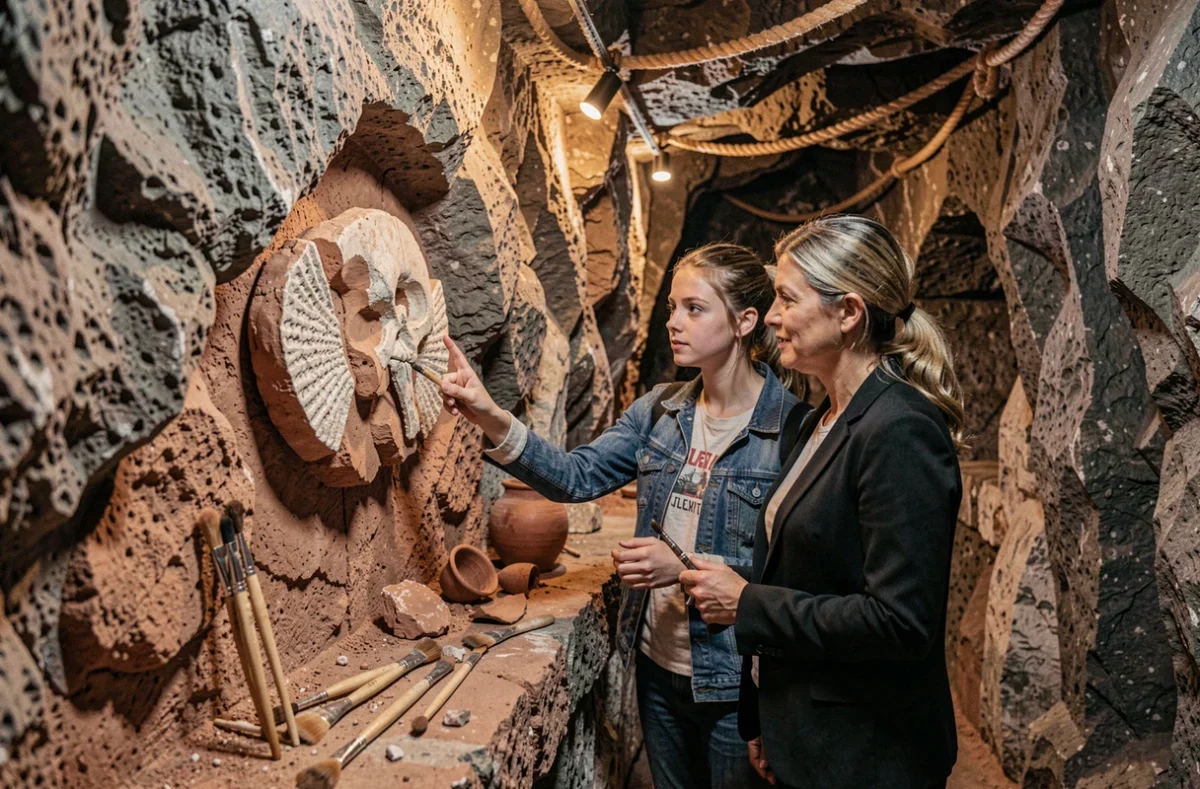 Joueuses explorant des indices préhistoriques dans l'escape game La Face Cachée de Lucy à Gannat
