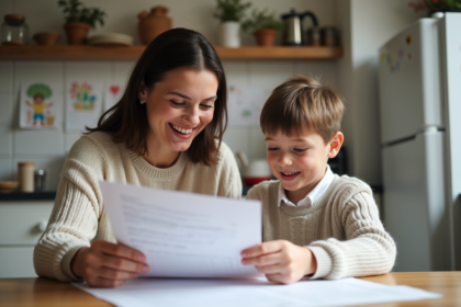 Femme souriante et enfant regardant des papiers d'adoption