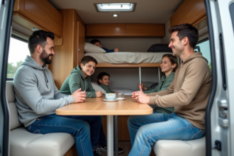 Famille dans un van aménagé en intérieur chaleureux