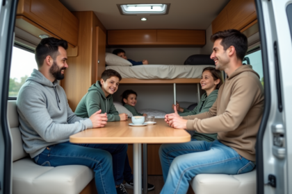Famille dans un van aménagé en intérieur chaleureux