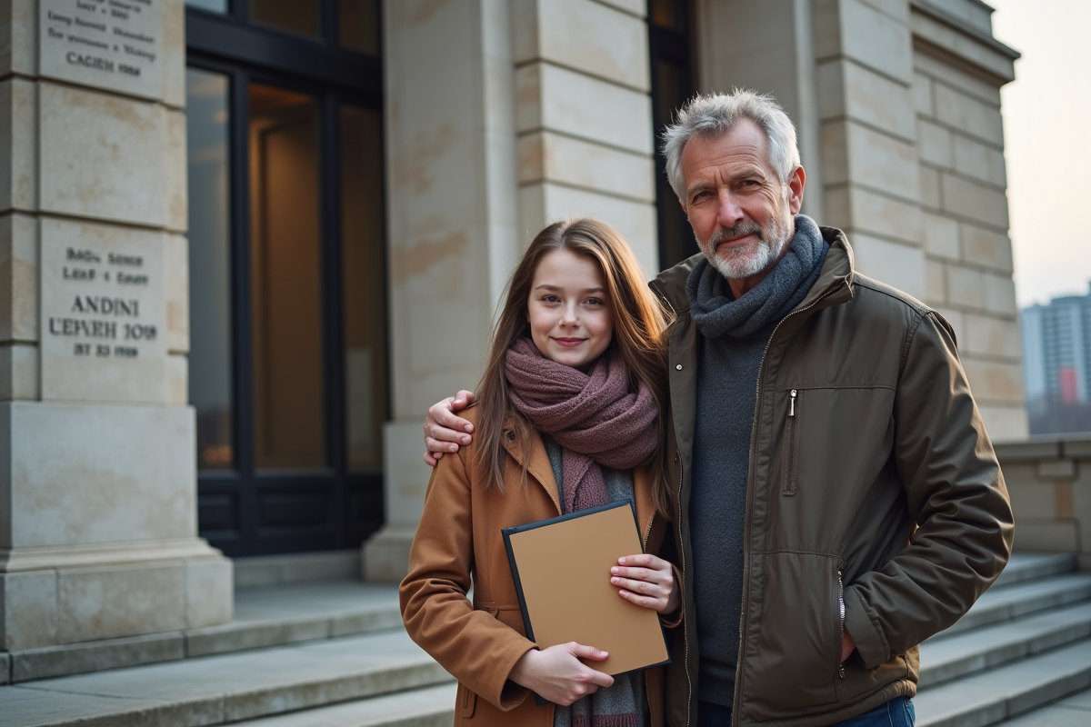 Famille devant le tribunal avec sourire naturel