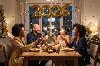 Famille joyeuse portant un toast au champagne pour fêter la bonne année 2026 dans un salon décoré de confettis dorés et ballons