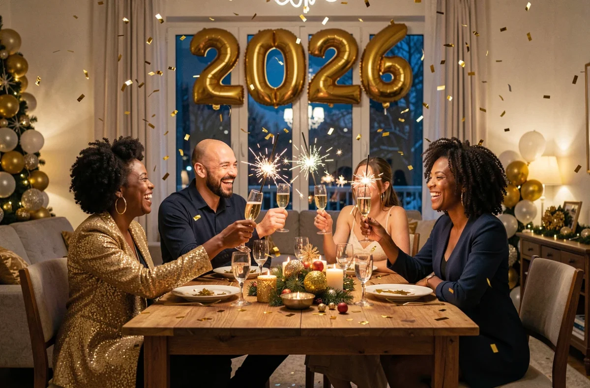 Famille joyeuse portant un toast au champagne pour fêter la bonne année 2026 dans un salon décoré de confettis dorés et ballons