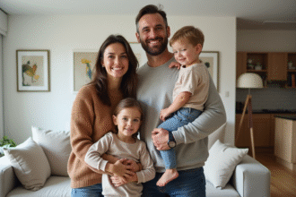 Famille souriante dans un appartement moderne lumineux