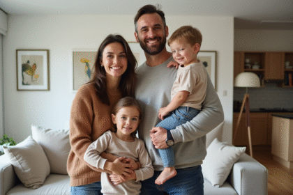 Famille souriante dans un appartement moderne lumineux