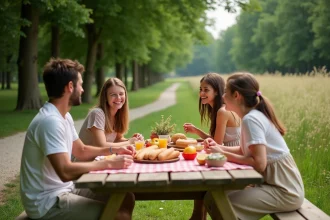 Famille française profitant d'un pique-nique en plein air pendant un pont de mai 2026 dans un parc verdoyant