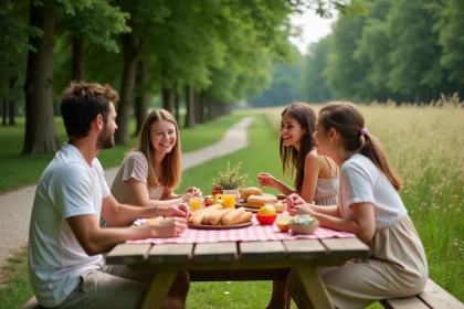 Famille française profitant d'un pique-nique en plein air pendant un pont de mai 2026 dans un parc verdoyant