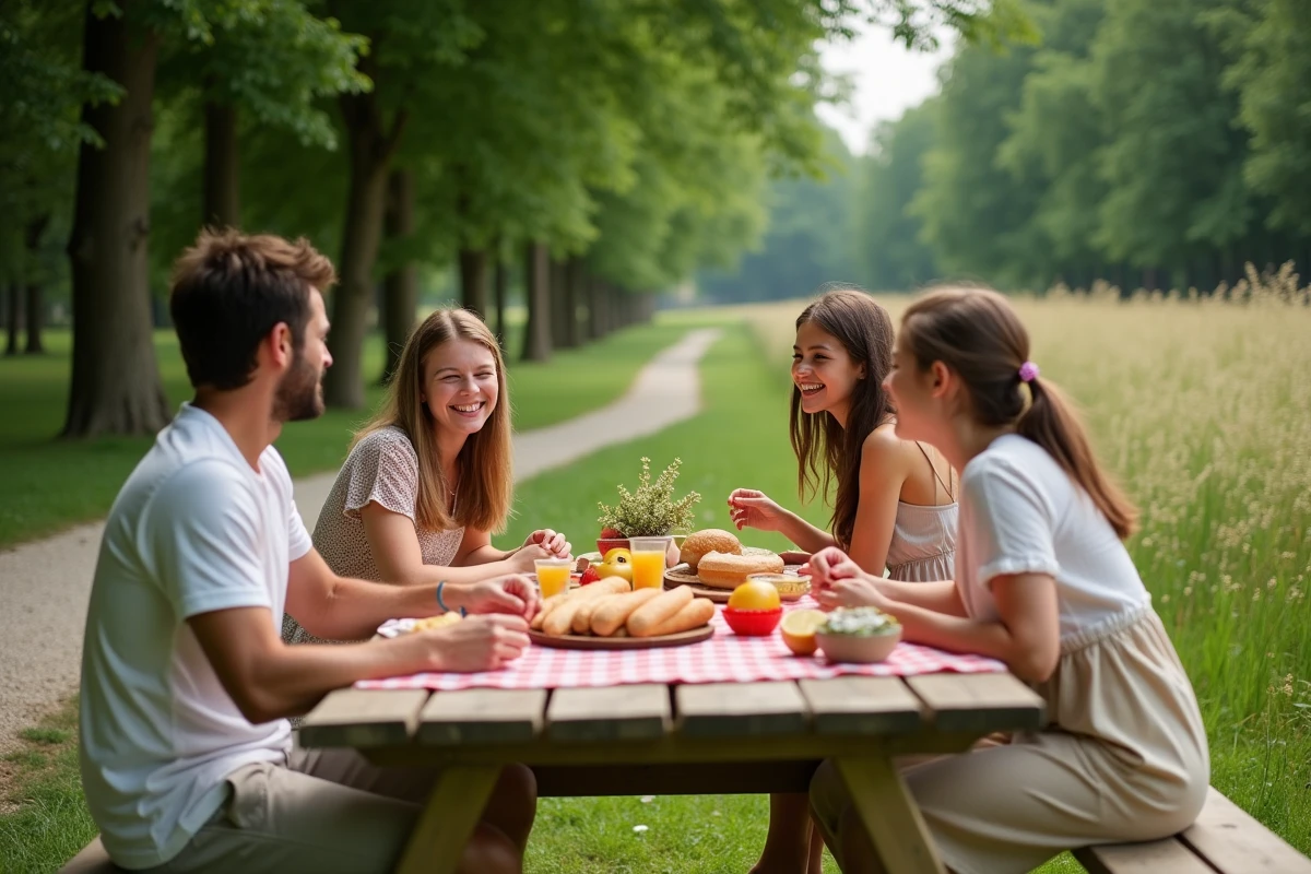 Famille française profitant d'un pique-nique en plein air pendant un pont de mai 2026 dans un parc verdoyant