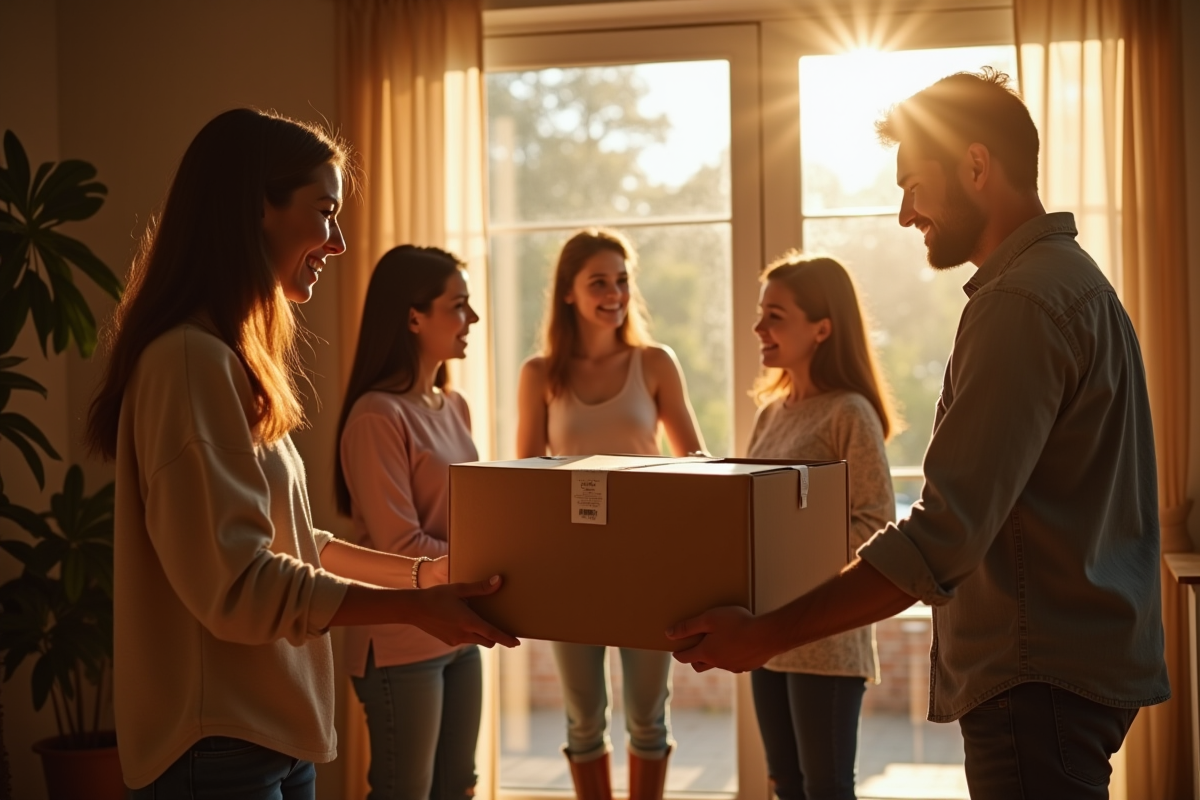 Famille recevant un colis de soutien avec des bénévoles souriants à la porte