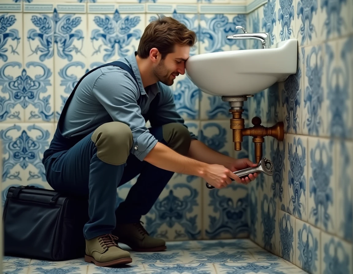 Plombier de FC Plomberie réparant des canalisations en cuivre sous un lavabo dans une salle de bain provençale carrelée