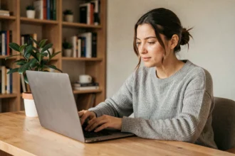 Femme utilisant un ordinateur portable pour accéder à la nouvelle adresse du site 1jour1film