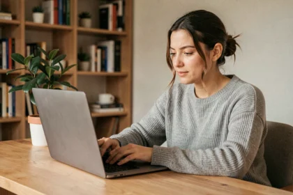 Femme utilisant un ordinateur portable pour accéder à la nouvelle adresse du site 1jour1film