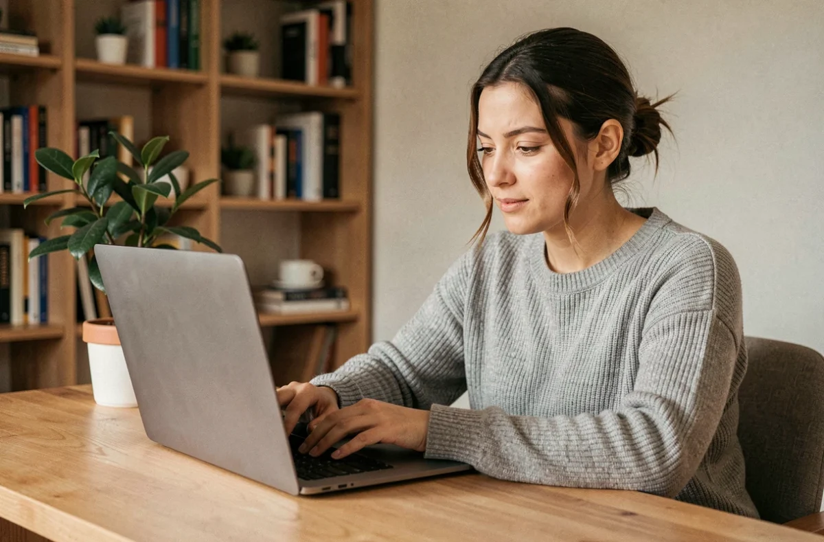 Femme utilisant un ordinateur portable pour accéder à la nouvelle adresse du site 1jour1film