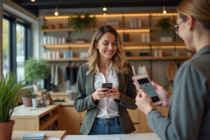 Femme souriante avec smartphone dans une boutique moderne