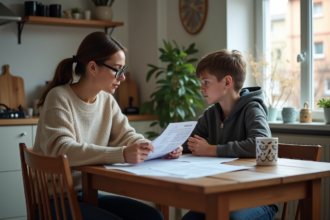 Femme et adolescent discutent de finances à la cuisine